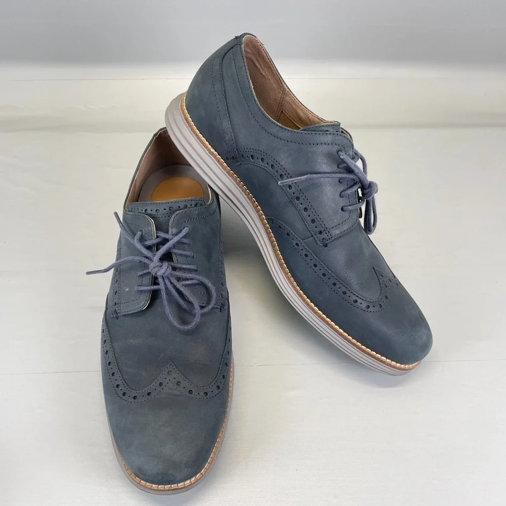 Cole Haan Original Grand Shoes Mens Size 10 M Blue Nubuck Wingtip Lace Up Oxford